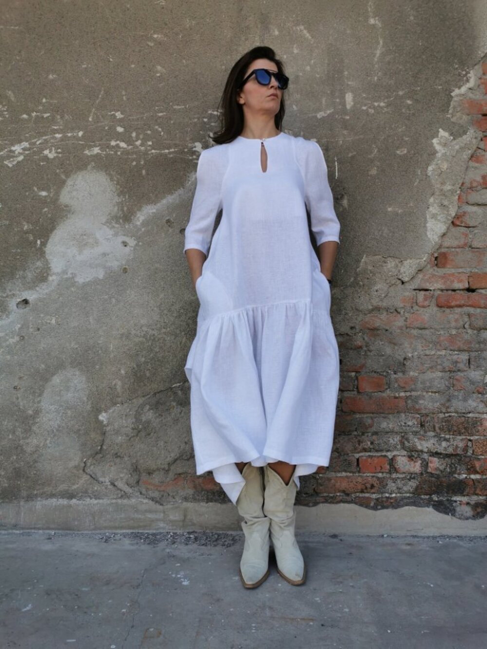Doroteyya Tsarska White Linen Tiered Midi Dress Lagenlook Pockets Size XL